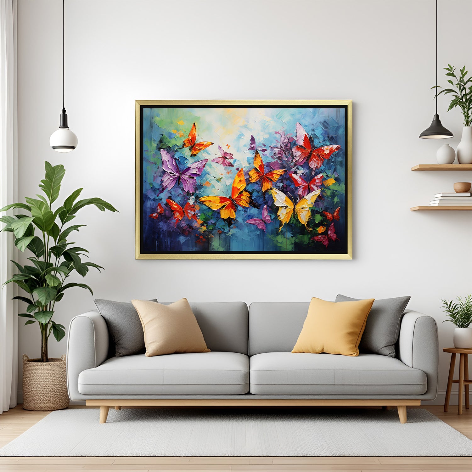 Golden frame abstract butterfly painting – large colorful canvas wall art for lively, modern, and nature-inspired home decor