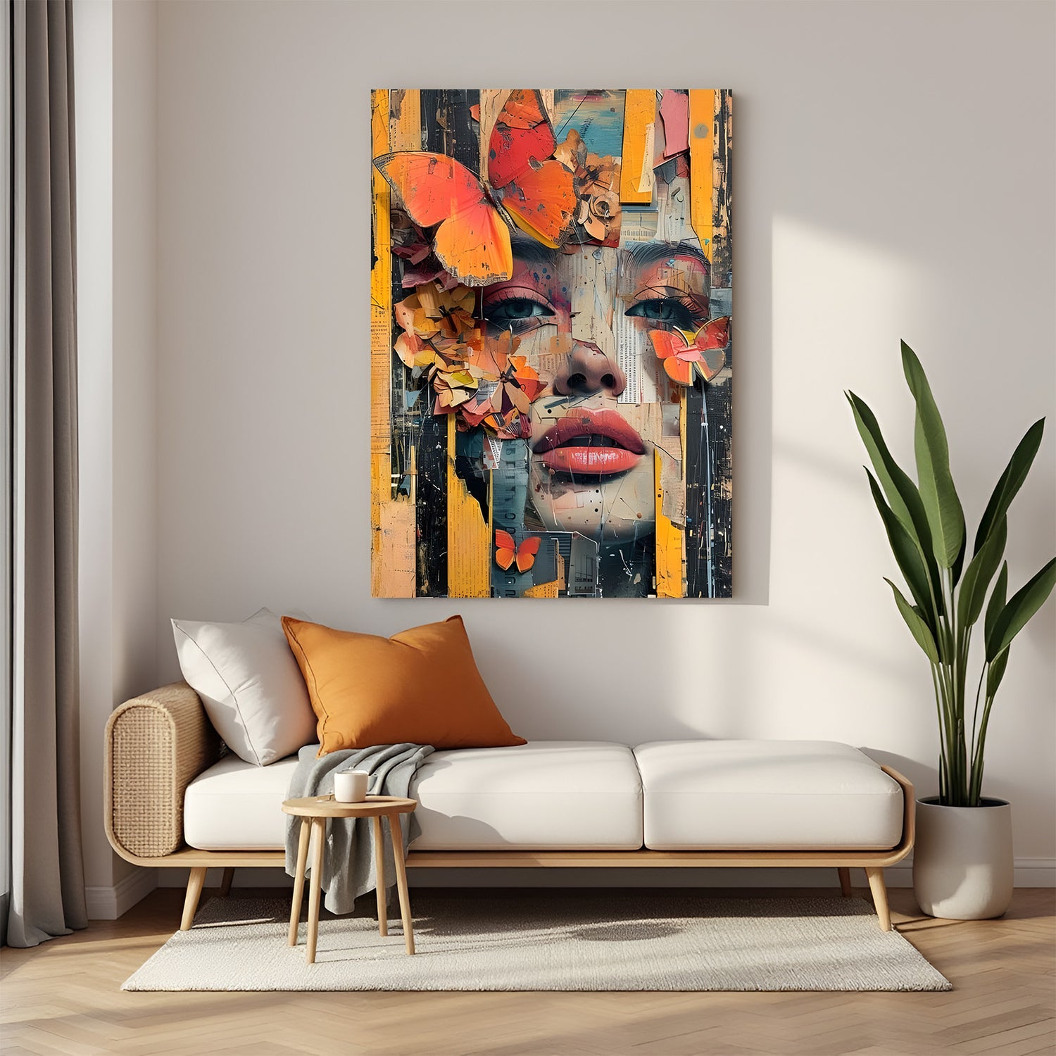 Modern canvas wall art of female face with butterfly elements in canvas wrapped frame