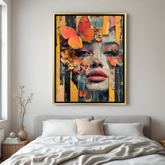 Modern butterfly and female face artwork canvas in luxury golden floater frame
