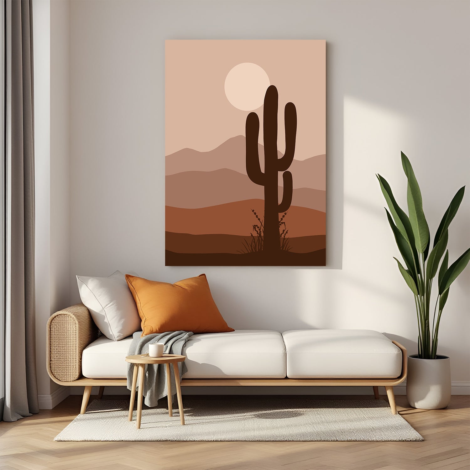 Canvas wall art with cactus in a pastel desert scene featuring soft sand and sun in boho tones
