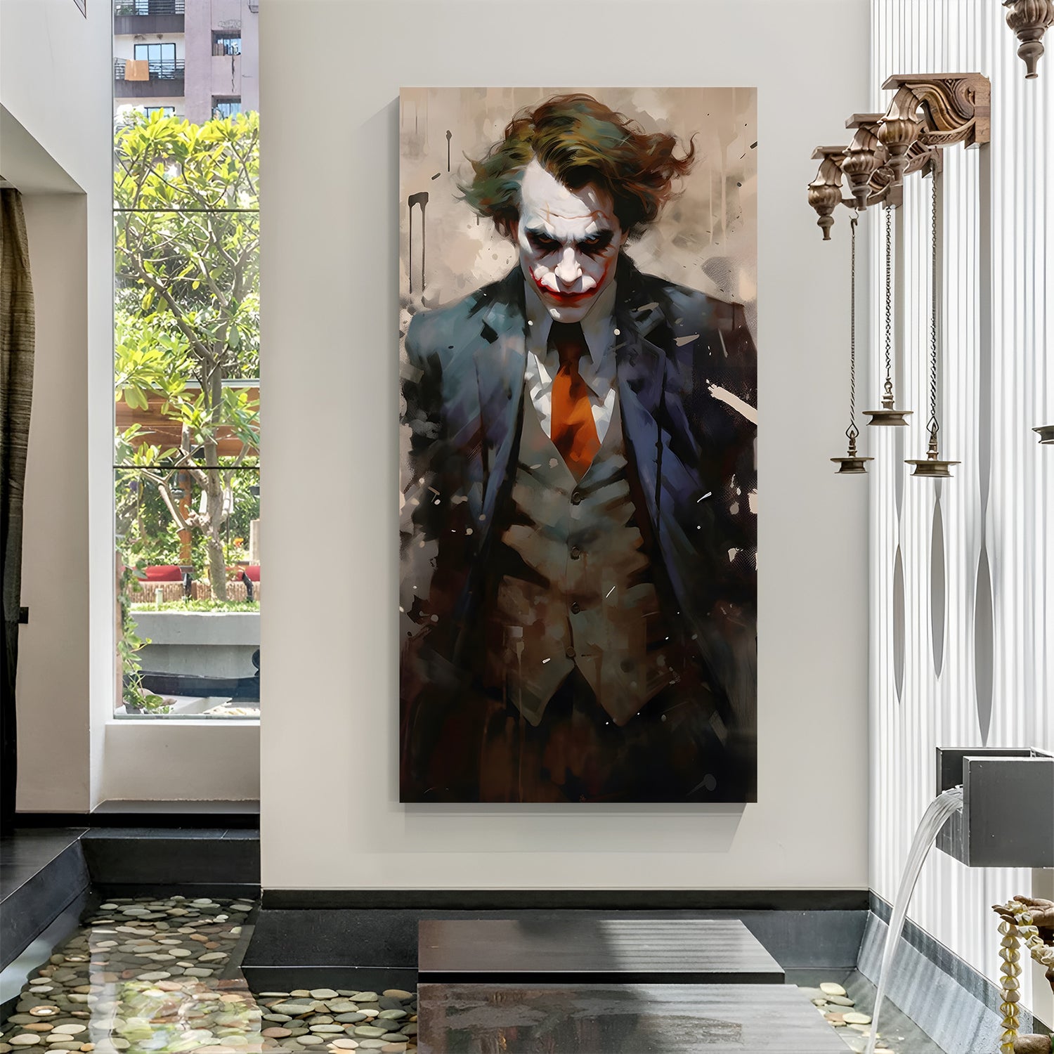 Calm Joker Portrait canvas painting with cinematic villain artwork in canvas wrapped frame