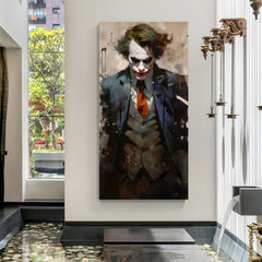 Calm Joker Portrait canvas painting with cinematic villain artwork in canvas wrapped frame