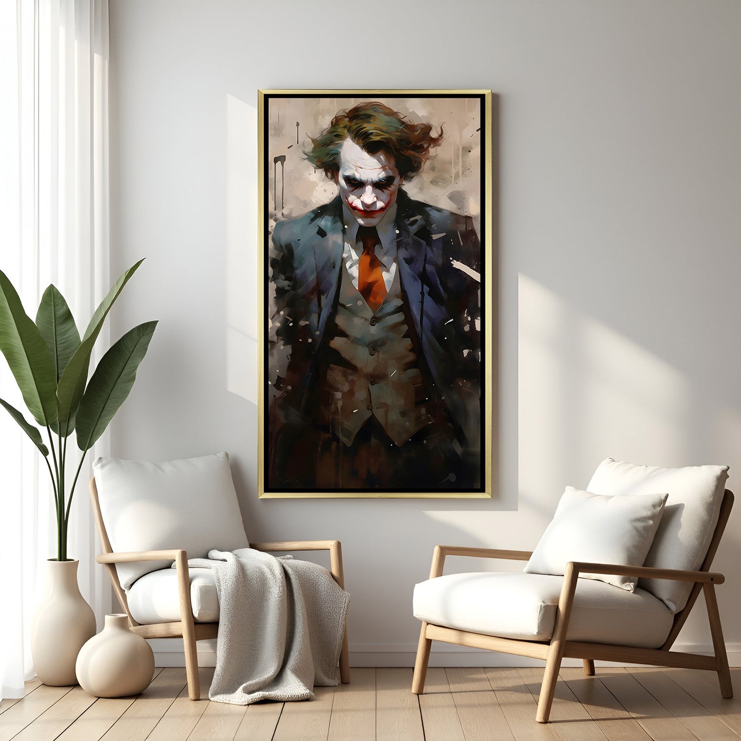 Joker wall art in luxury golden floater frame with formal suit portrait design