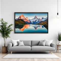 Peaceful mountain reflection painting with a calm lake surface, framed in black floater to bring modern serenity into your home wall decor
