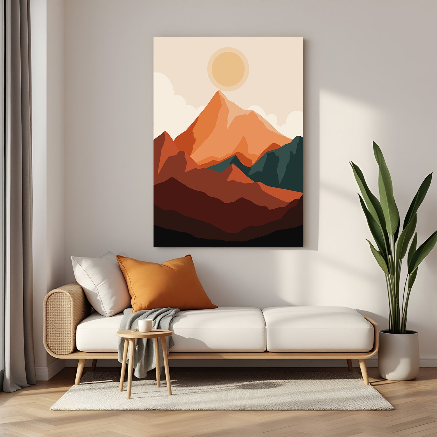 Boho canvas wall art with calming mountain forms and soft sun in a light natural color scheme