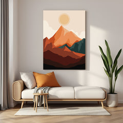 Boho canvas wall art with calming mountain forms and soft sun in a light natural color scheme
