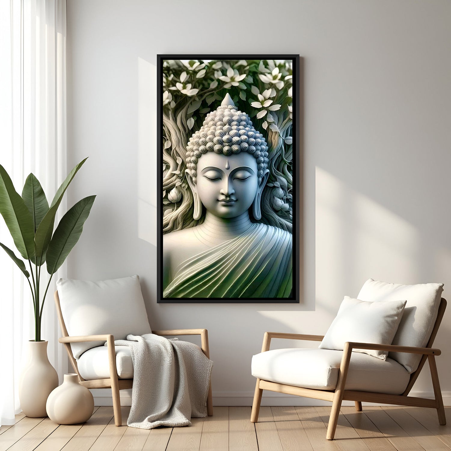 buddha wall art with eyes closed in black floater frame, perfect for modern peaceful interior and stress-free calming atmosphere