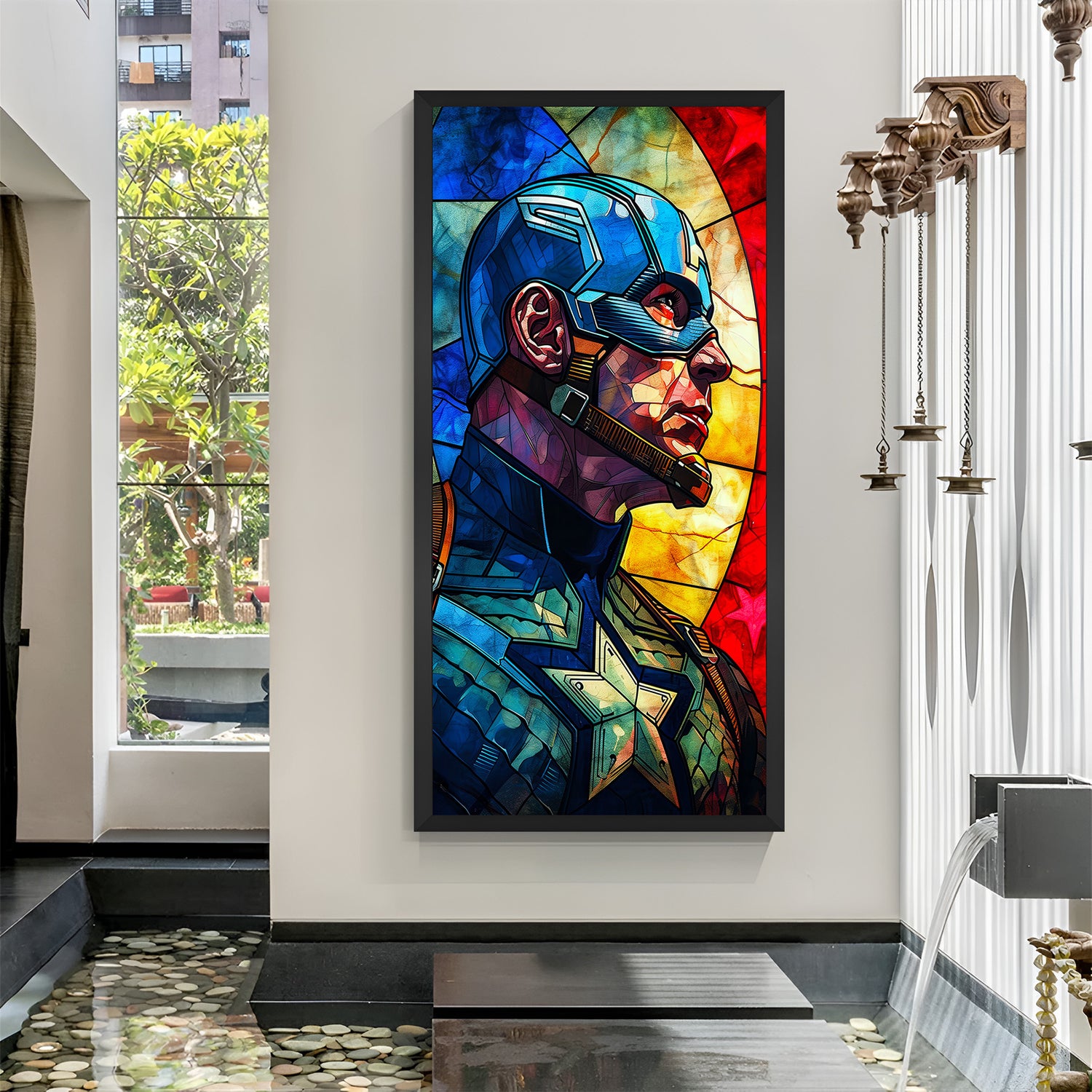 Captain America abstract art print in black floater frame, featuring cracked digital design perfect for modern interiors.