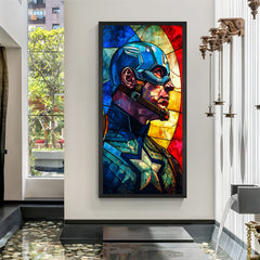 Captain America abstract art print in black floater frame, featuring cracked digital design perfect for modern interiors.