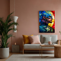 Captain America in bold abstract digital style, powerful superhero wall art printed on premium quality modern canvas.