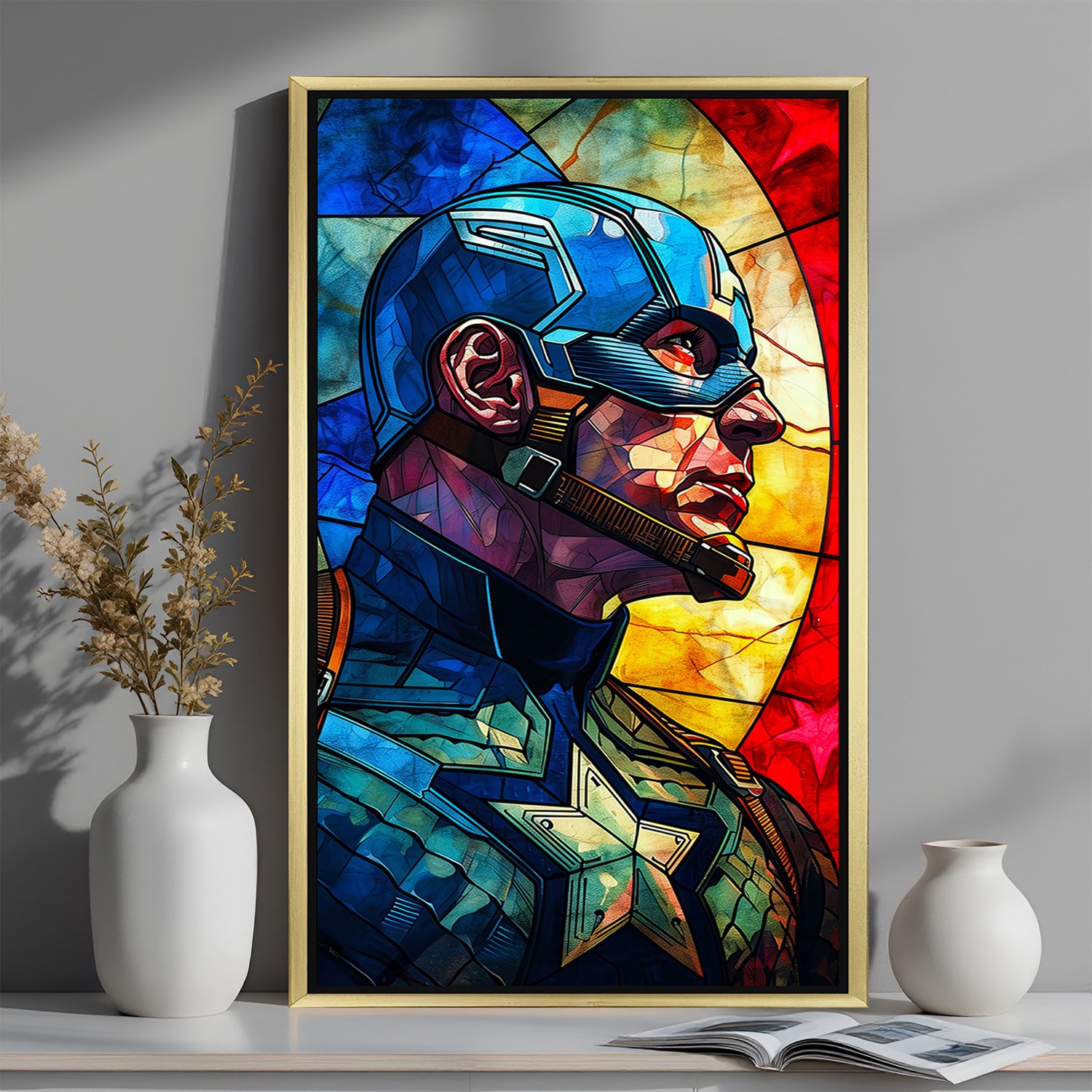 Golden-framed Captain America modern art canvas with powerful abstract elements and superhero-inspired detailing.