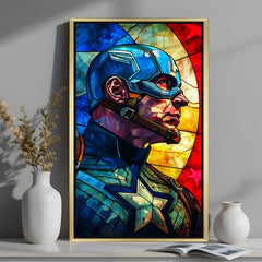 Golden-framed Captain America modern art canvas with powerful abstract elements and superhero-inspired detailing.