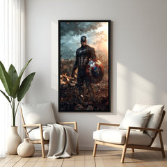 Captain America canvas art in black floater frame – sleek Avengers wall decor