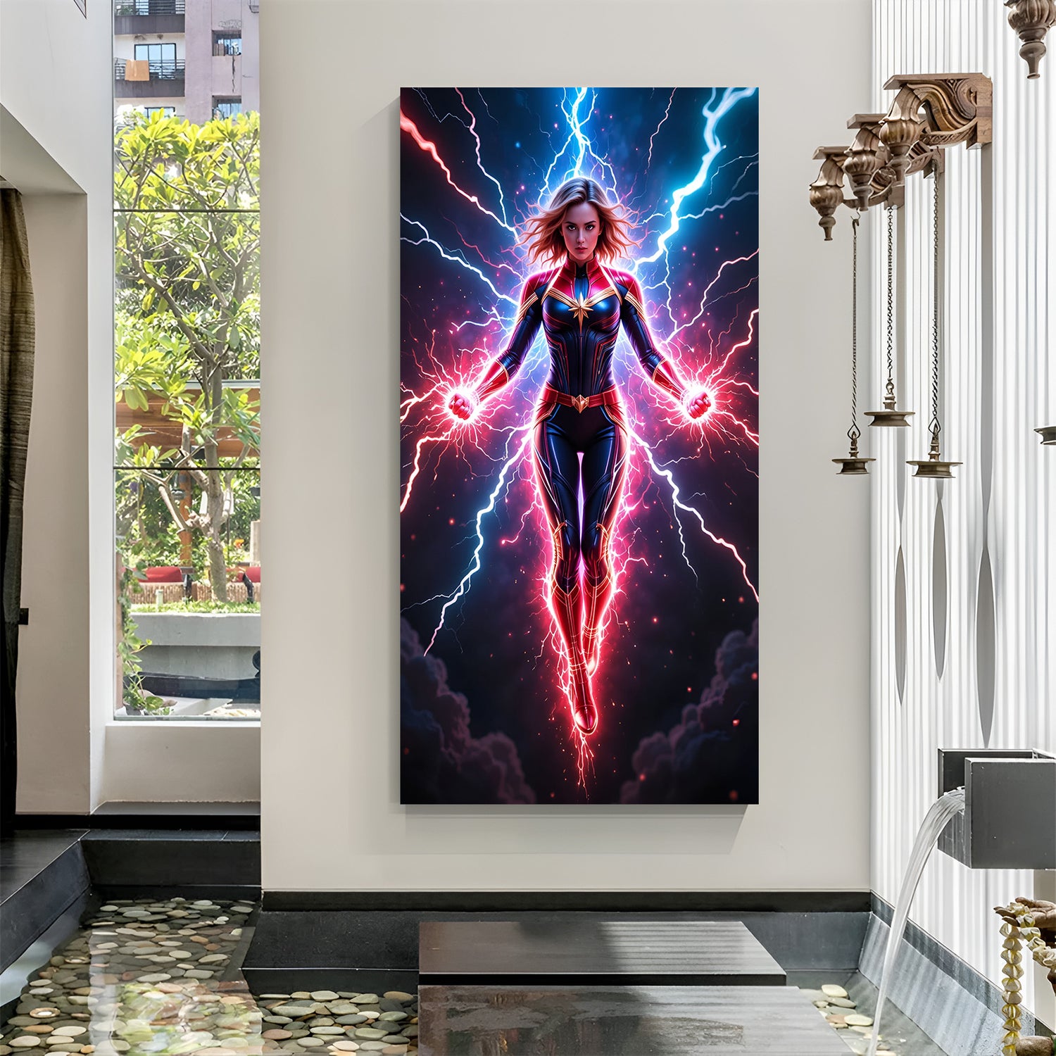 Captain Marvel unleashing her cosmic energy in a glowing power stance – perfect wall art for superhero fans.