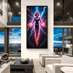 Modern framed canvas artwork of Captain Marvel surrounded by cosmic energy – sleek in a black floater frame.