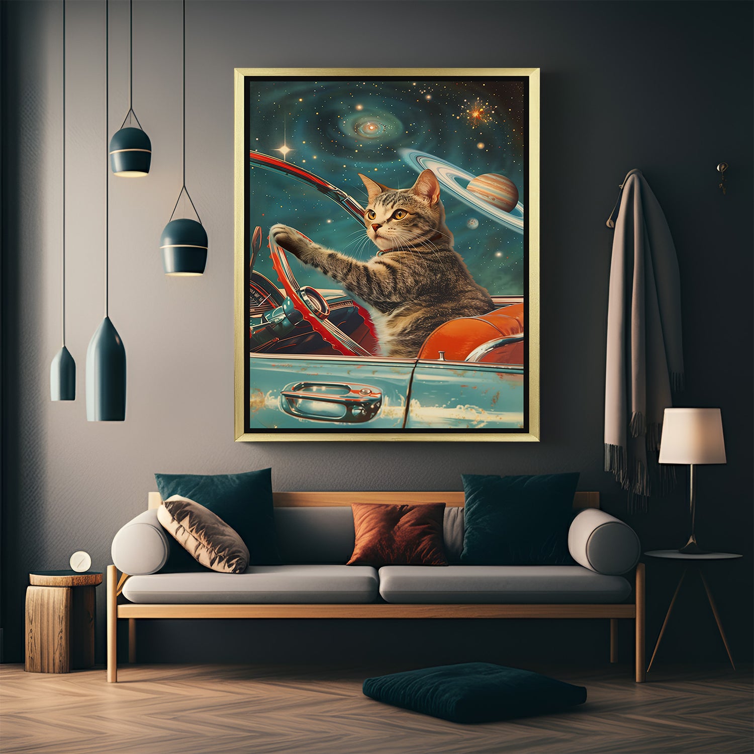 Golden framed canvas featuring a playful cat driving a car through outer space, blending vibrant modern art and surreal fantasy for standout home decor