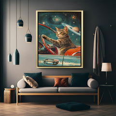 Golden framed canvas featuring a playful cat driving a car through outer space, blending vibrant modern art and surreal fantasy for standout home decor