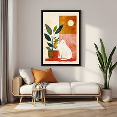 Bohemian style cat and plant wall art in black floater frame – minimal & artistic