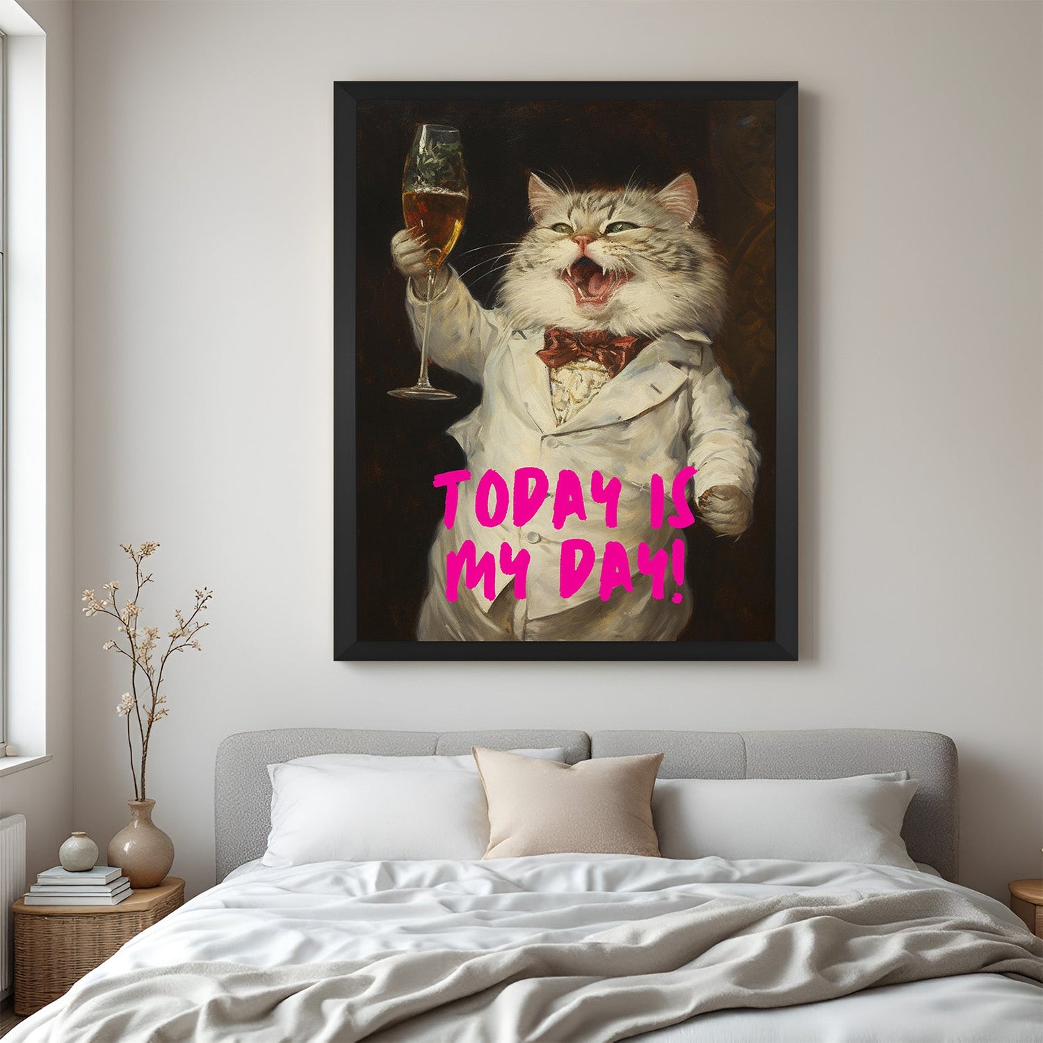 Black-framed cat canvas with wine glass and “Today Is My Day” quote, perfect for classy modern spaces, bars, and interiors with attitude and charm