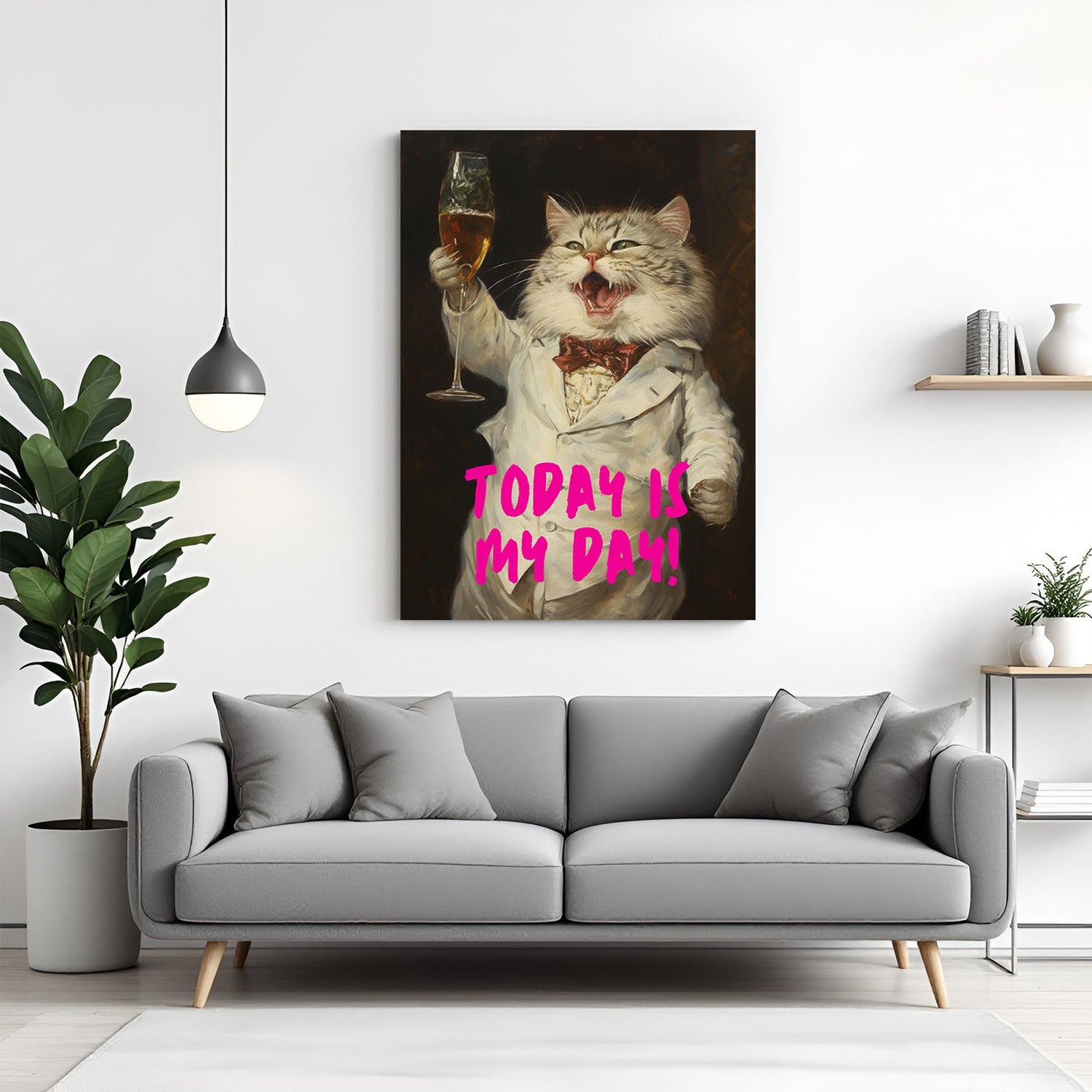 Modern canvas art of an elegant cat holding a wine glass with the text “Today Is My Day,” painted in a luxurious style for bold, stylish, and confident interiors