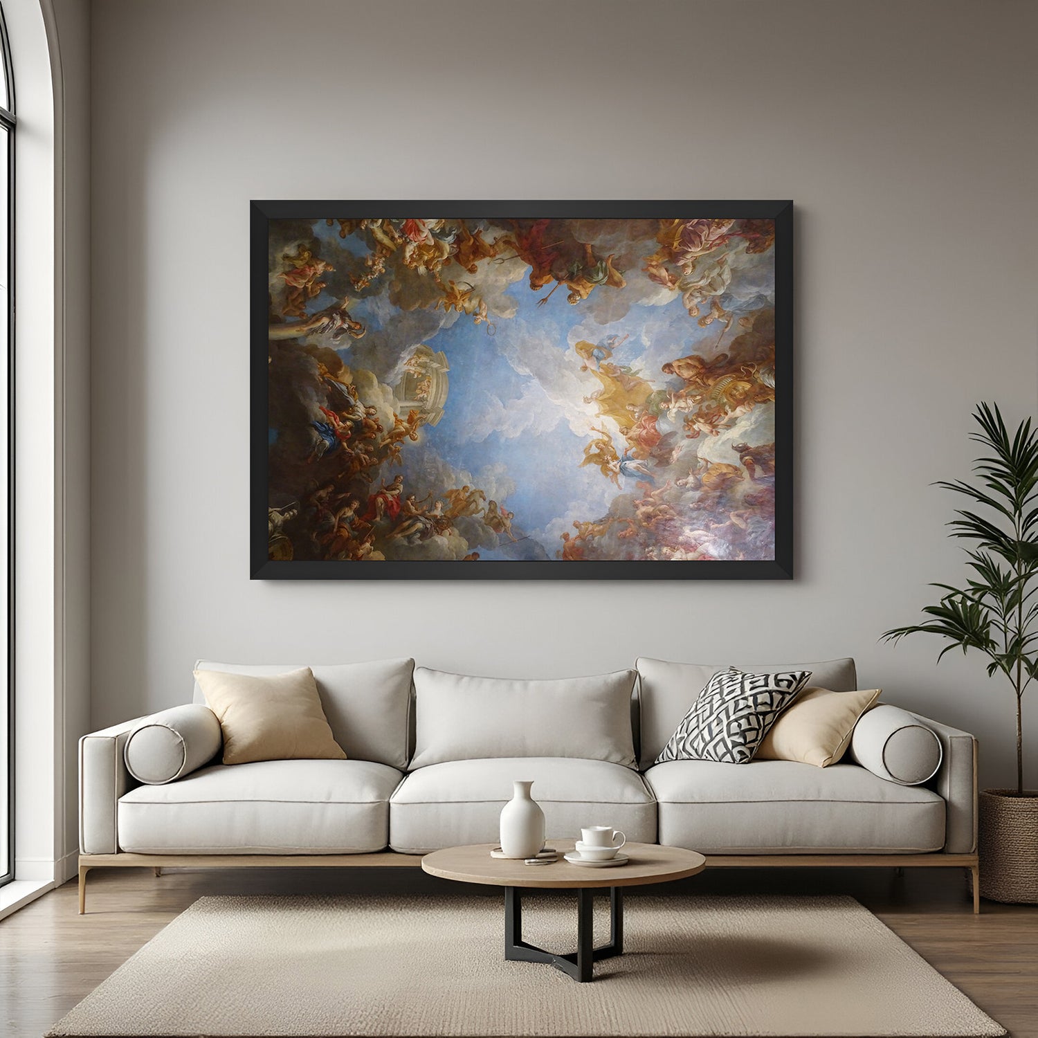Black-framed canvas printed wall art of Versailles ceiling—ancient-style royal decor with dramatic classical artistry