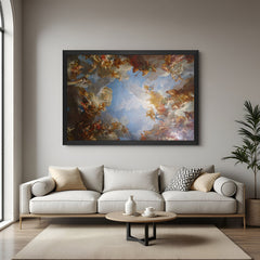 Black-framed canvas printed wall art of Versailles ceiling—ancient-style royal decor with dramatic classical artistry
