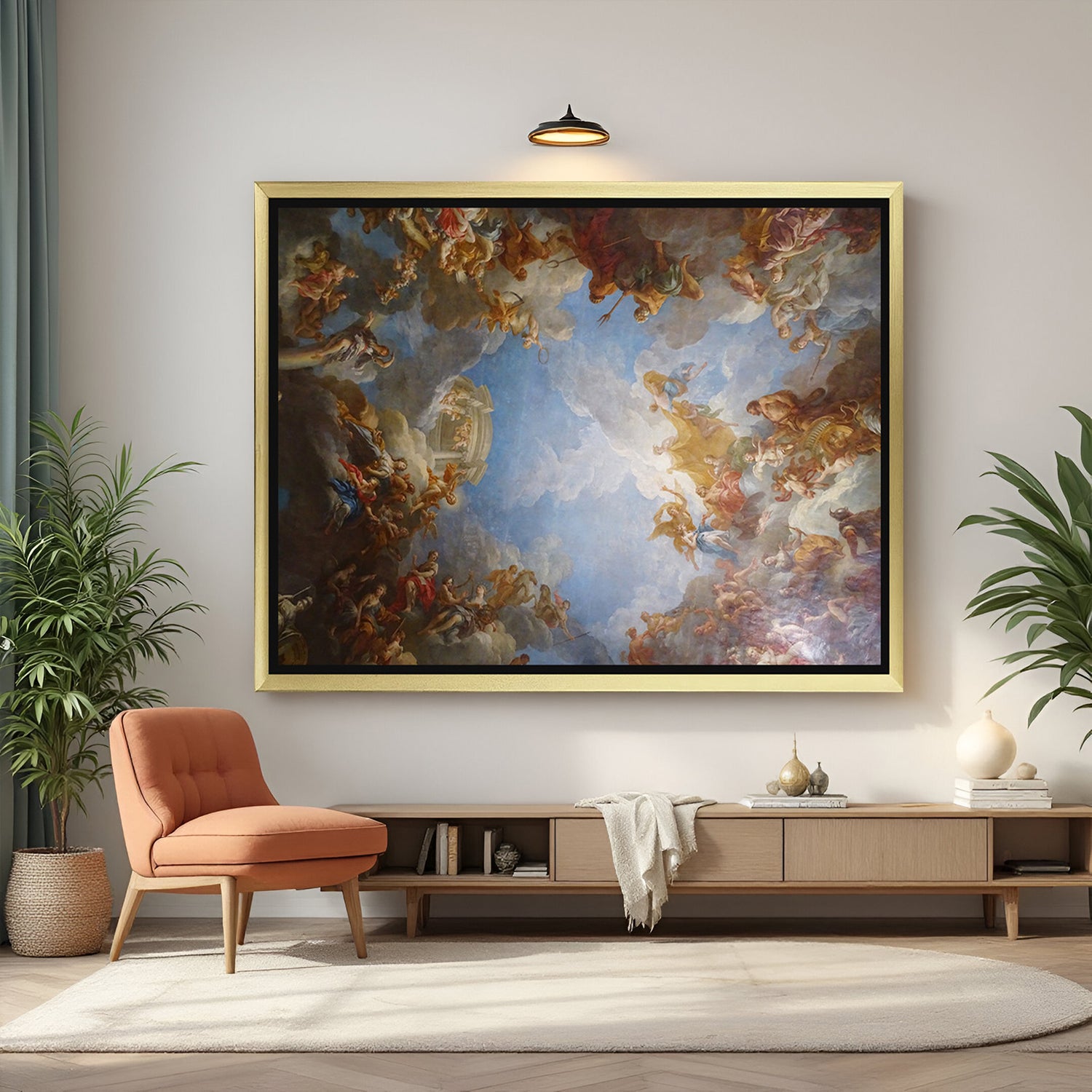 Golden-framed vintage canvas of Versailles ceiling painting—luxurious and historical ancient wall art for grand interiors