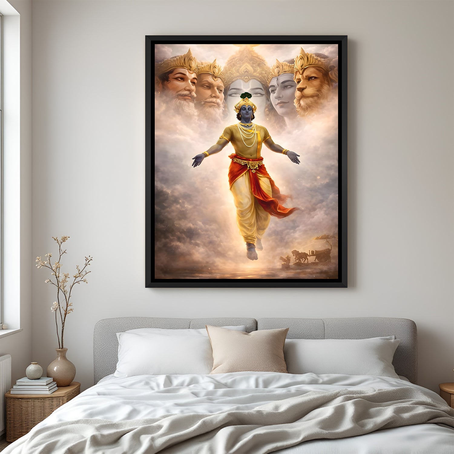 Cosmic Lord Krishna artwork with dramatic cloud background in elegant black floater frame spiritual wall decor