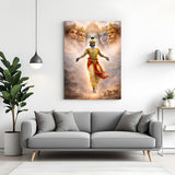 Lord Krishna floating among dramatic clouds canvas wall art in premium canvas wrapped frame with cosmic divine atmosphere