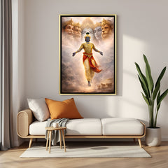Divine Lord Krishna floating in celestial clouds artwork in luxurious golden floater frame cosmic canvas art