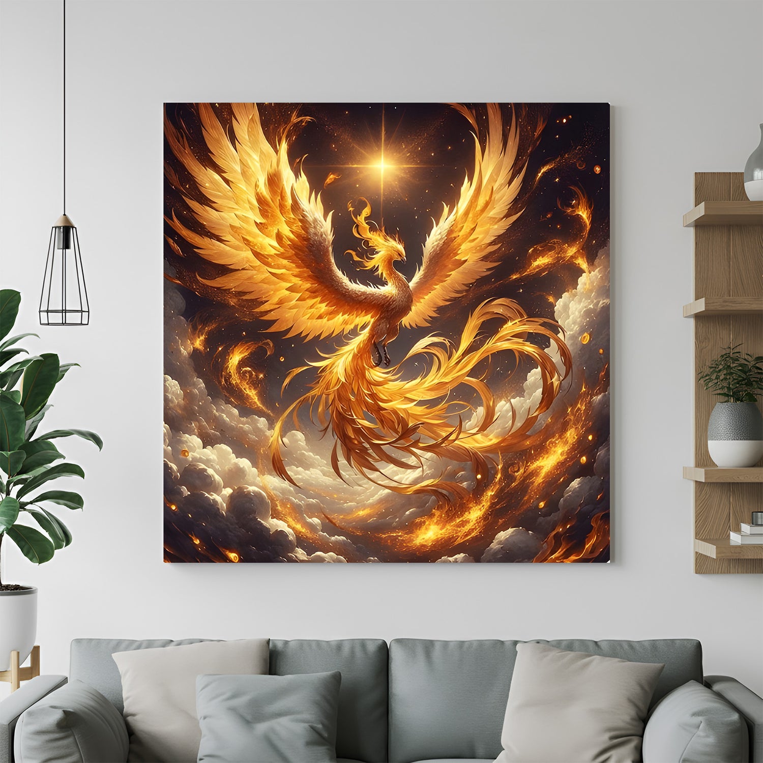 Square golden phoenix wall art with glowing wings rising beneath radiant star in dramatic clouds.