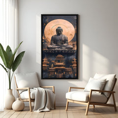 Luxury Buddha temple wall decor in black frame with gold and midnight tones.