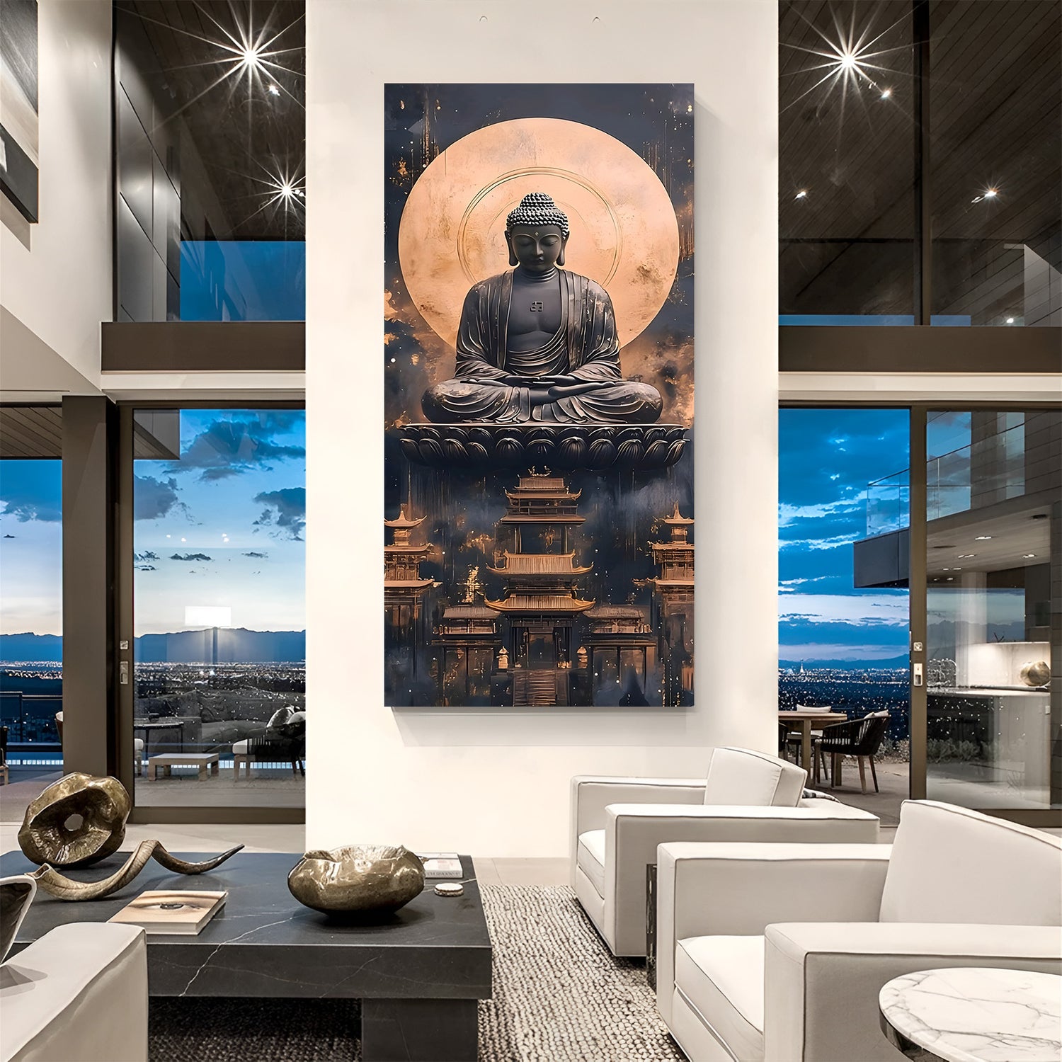 Vertical Buddha canvas art with radiant golden halo and illuminated temple architecture.