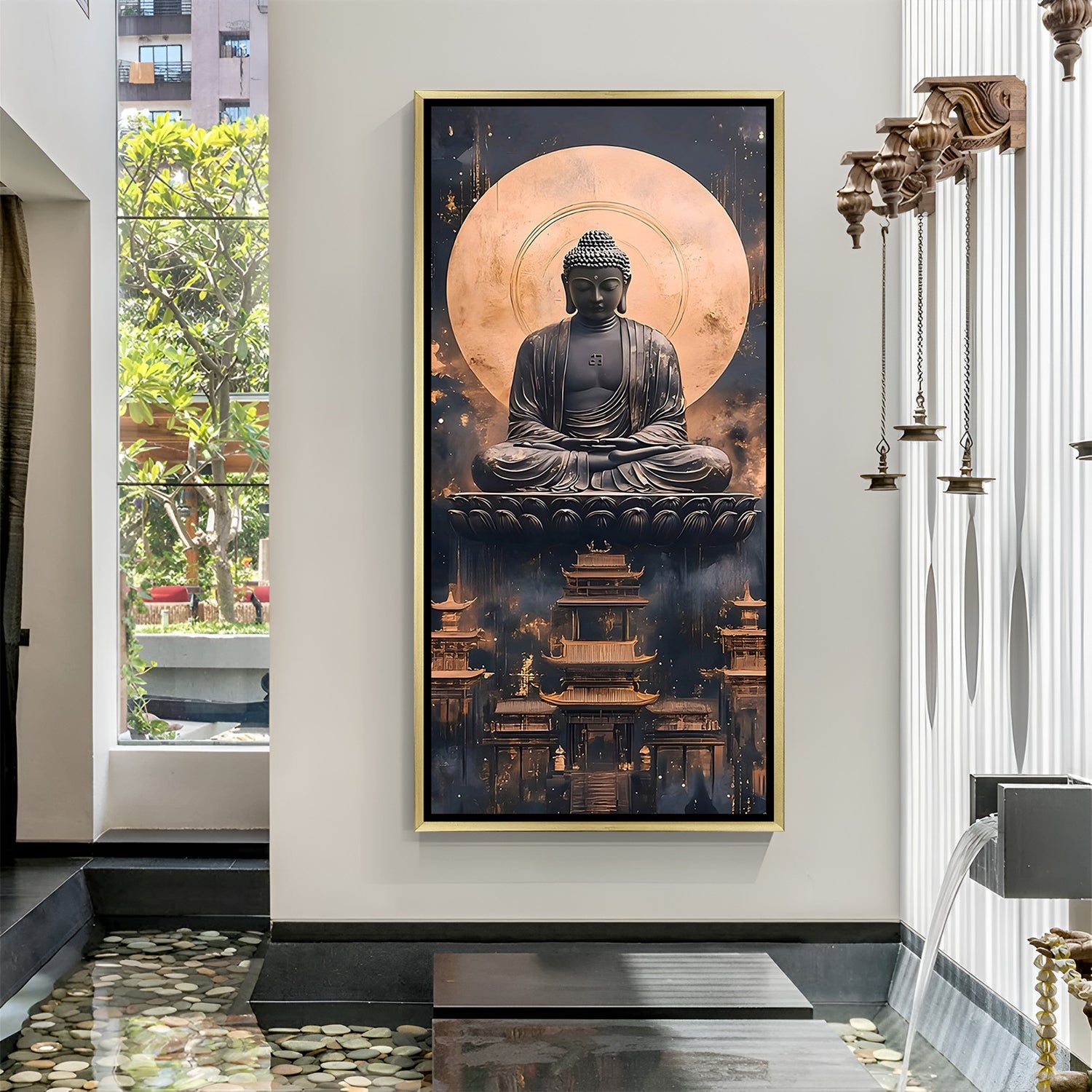 Modern spiritual Buddha artwork with glowing circular backdrop in white frame.