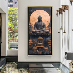 Modern spiritual Buddha artwork with glowing circular backdrop in white frame.