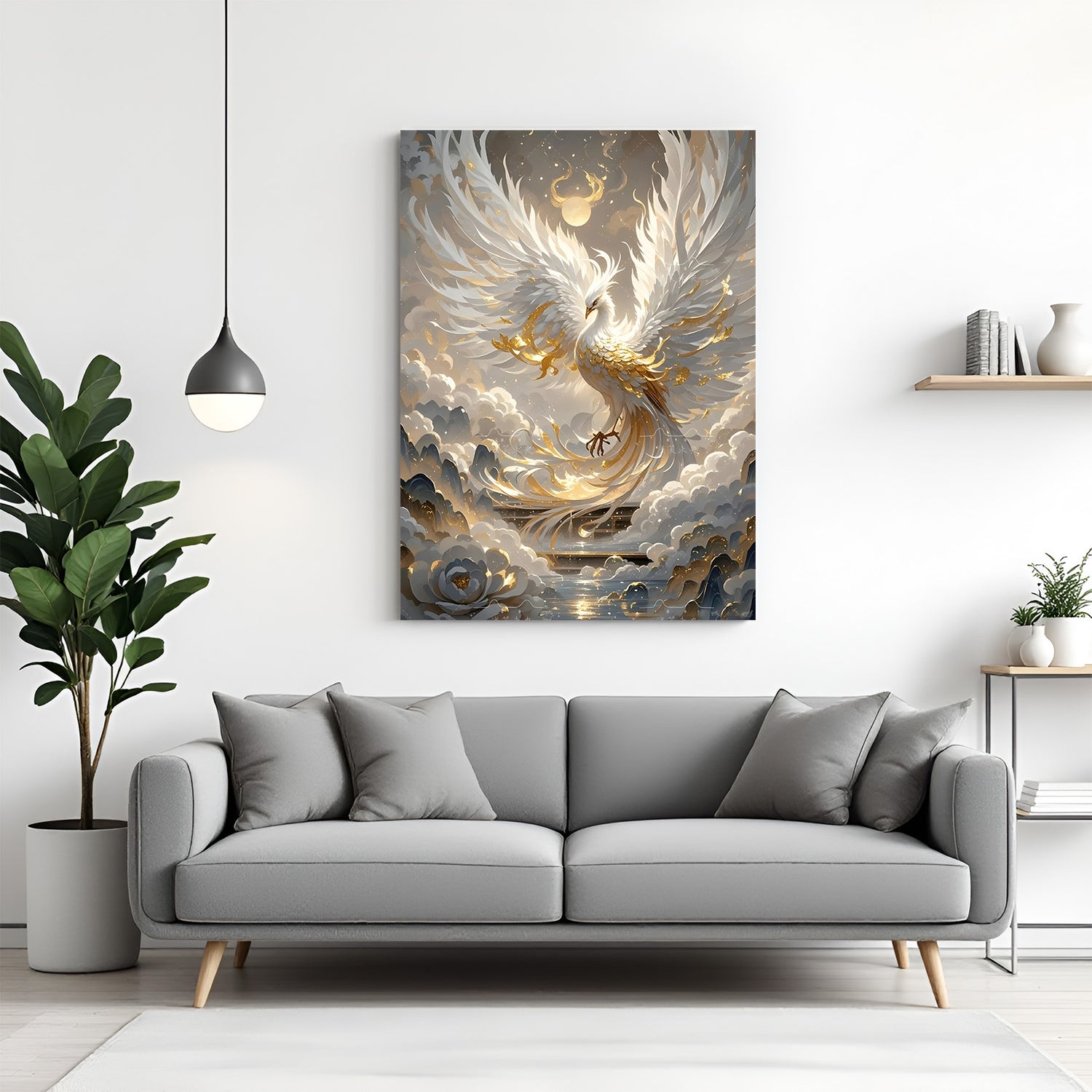 Vertical white and gold phoenix wall art rising among clouds with glowing celestial orb.