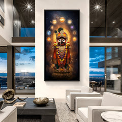 Celestial Lord Jagannath portrait artwork in black floater frame with galaxy and sacred aura.