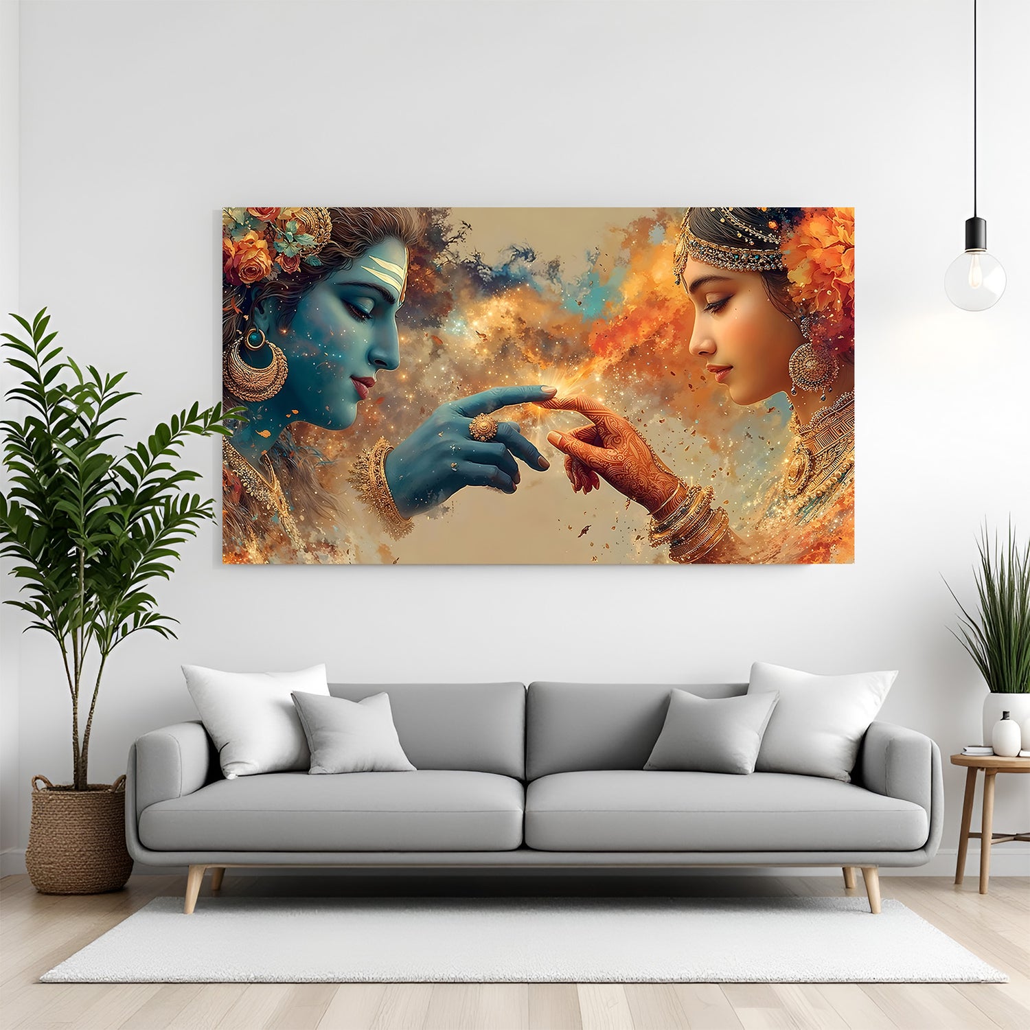Radha Krishna divine wall artwork featuring spiritual harmony in premium canvas wrapped frame
