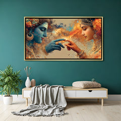 Celestial Melody Radha Krishna artwork in luxury golden floater frame featuring the divine couple