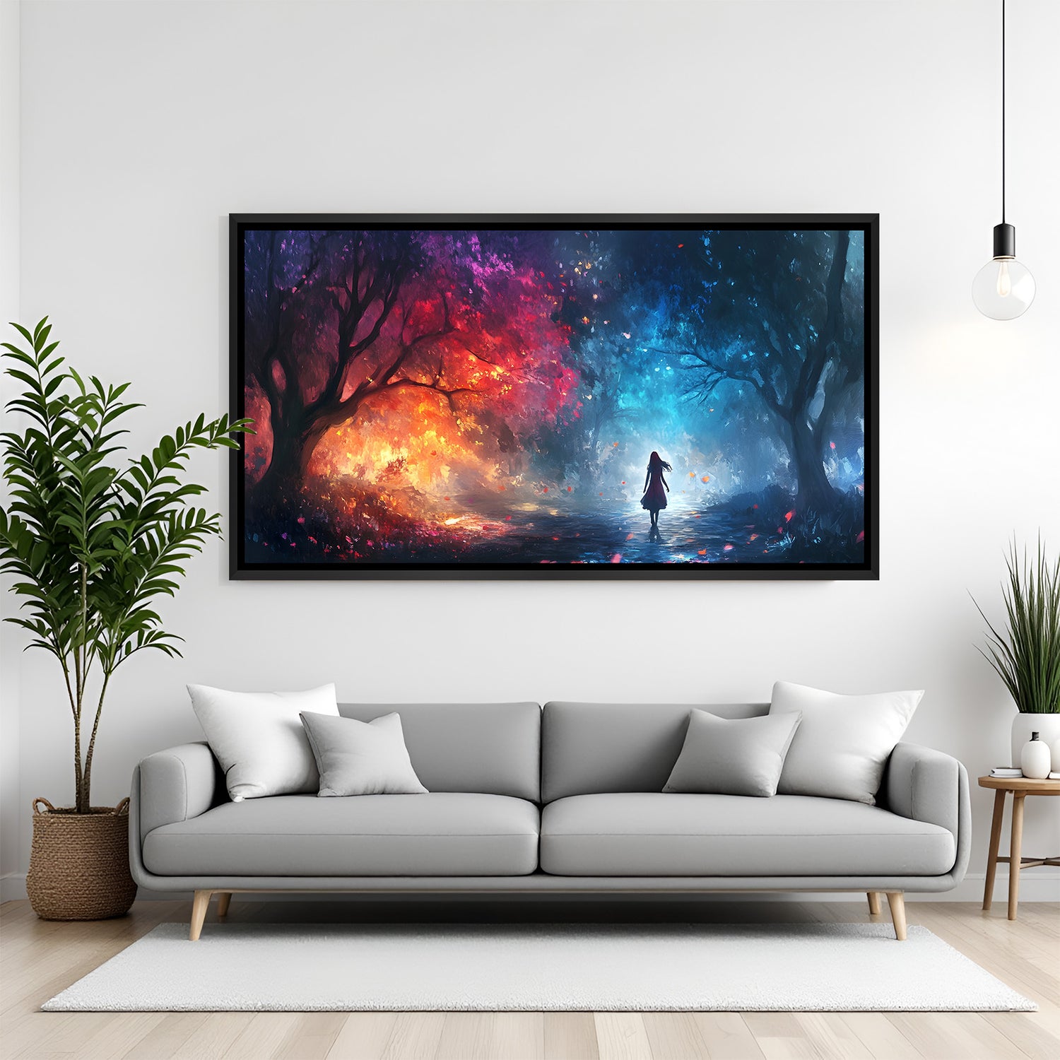Modern fantasy forest wall art in black floater frame with dramatic red and blue lighting effects in a contemporary interior.