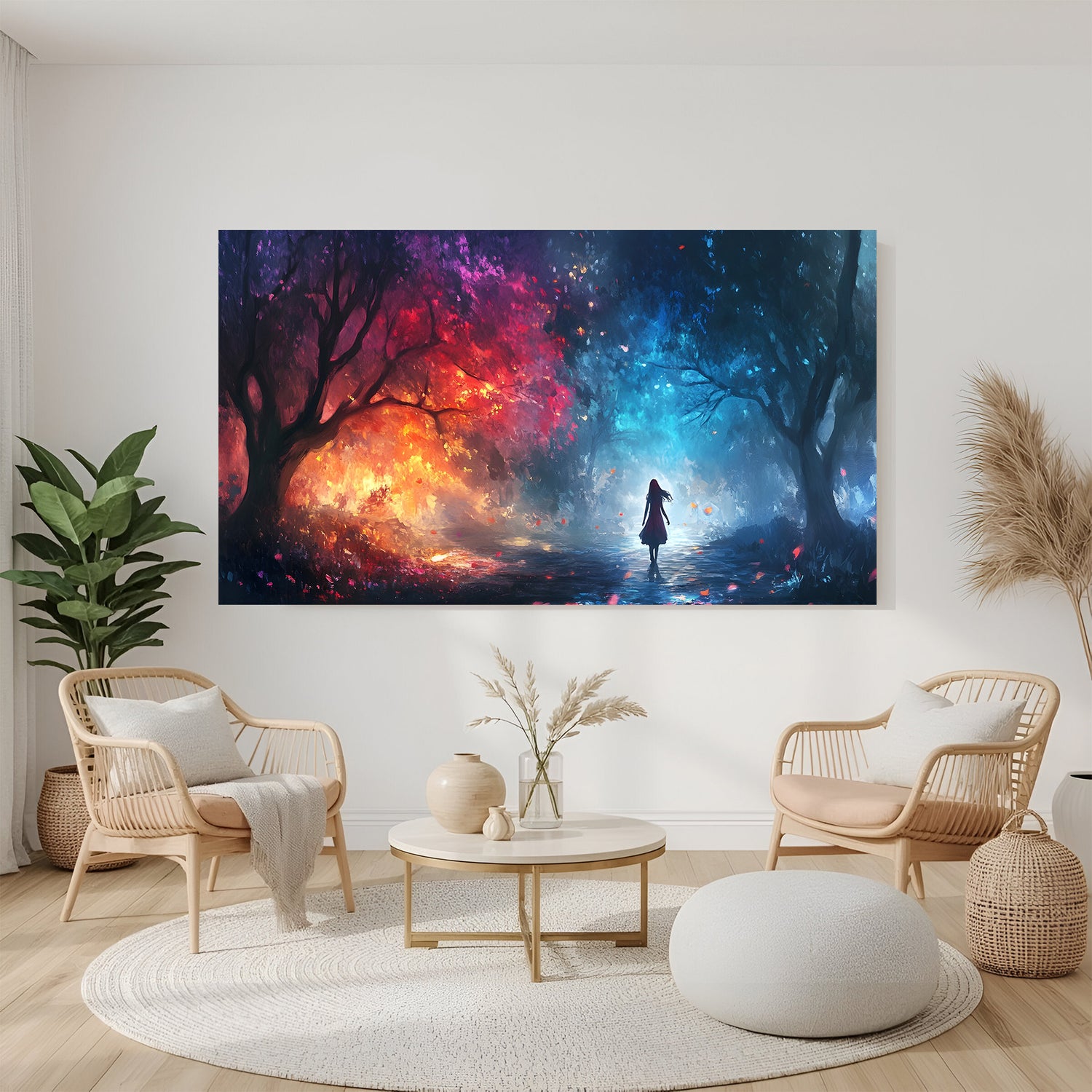 Dual-tone enchanted forest wall art in canvas wrapped frame featuring red and blue glowing trees with a silhouette walking through the center.