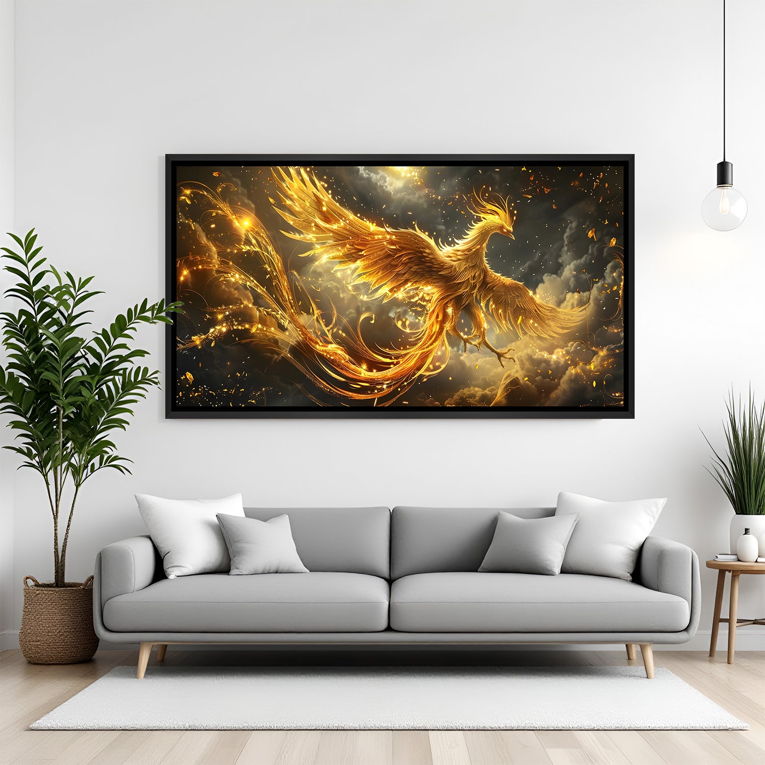 Luxury golden phoenix panorama artwork in sleek black frame displayed on deep teal accent wall.
