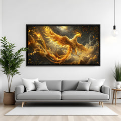 Luxury golden phoenix panorama artwork in sleek black frame displayed on deep teal accent wall.