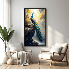 Elegant peacock wall artwork with luxurious feather patterns in modern black floater frame