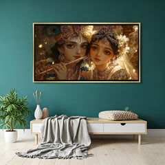 Radha Krishna spiritual wall art in luxurious golden floater frame with timeless devotional appeal