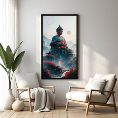 Tall Buddha temple artwork in black frame with misty mountains and red foliage.