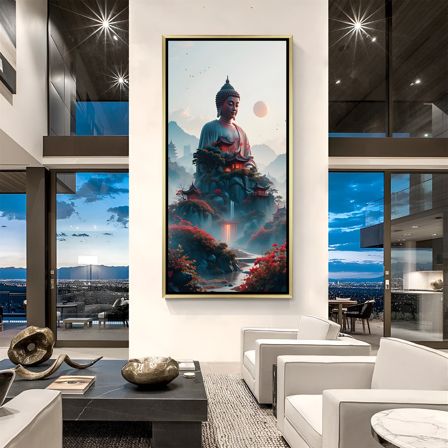 Luxury Buddha mountain temple canvas in gold frame with cinematic spiritual scenery.