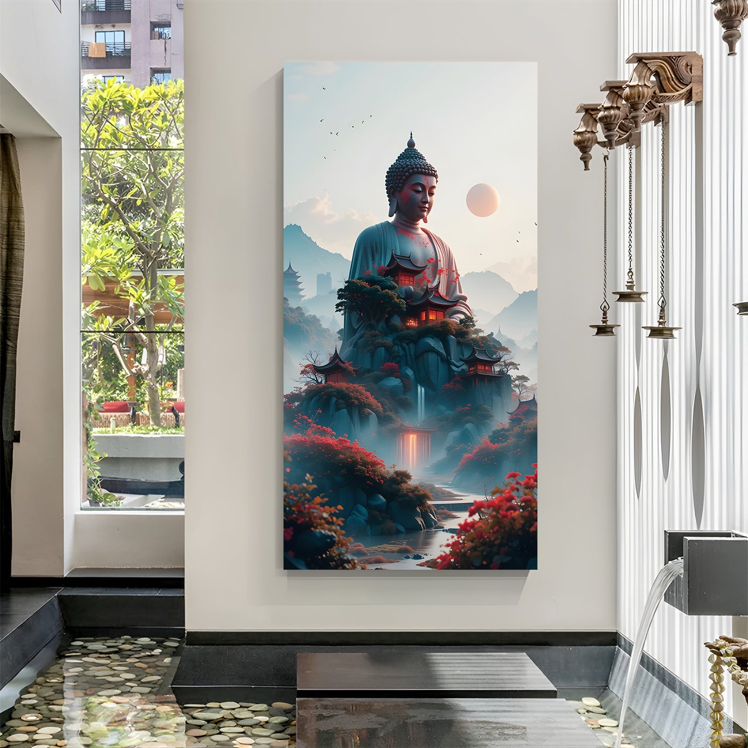Vertical Buddha landscape wall art with temples, mountains, waterfall and glowing windows.