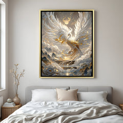Luxury white phoenix wall art in gold frame featuring luminous clouds and golden feather accents