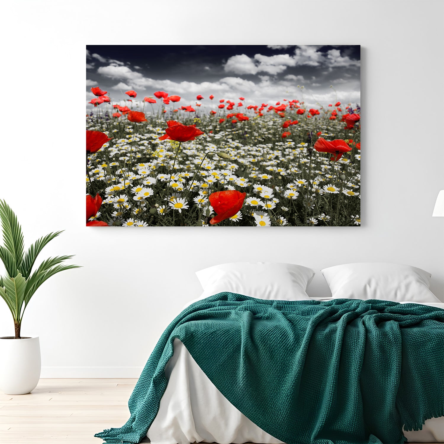 Canvas wall art featuring a field of chamomile and rose flowers with soft natural tones, ideal for peaceful and elegant home decor